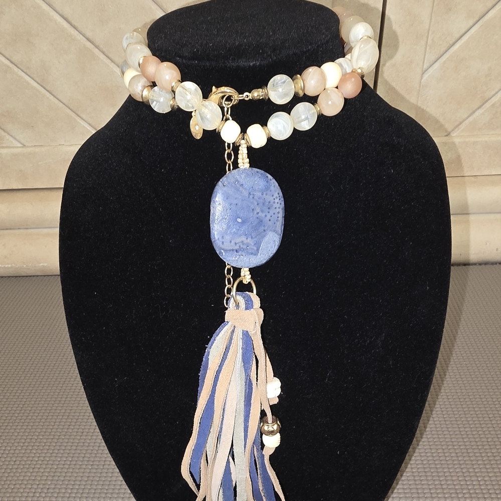 Chicos Elegant Blue and Gold Tassel Necklace